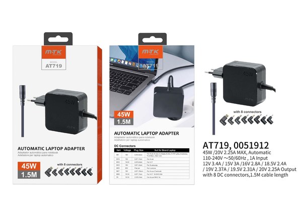 AT719 NE Cargador Universal Automatica con 8 conectores para notebook ,45W,1.5M,Negro