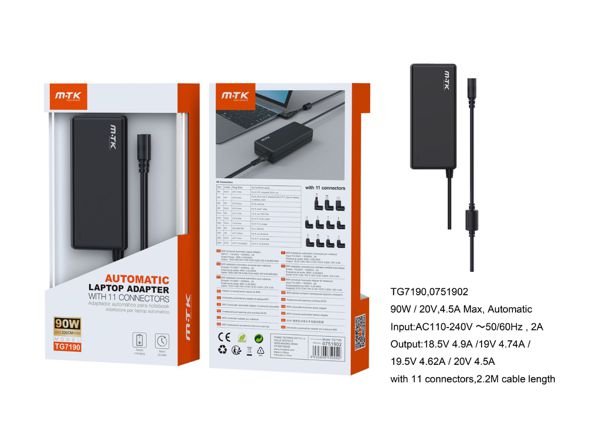 Mtk 0751902 Tg7190 Cargador Universal Automatico Con 11 Conectores Para Portatil ,90W, Cable 220 cm