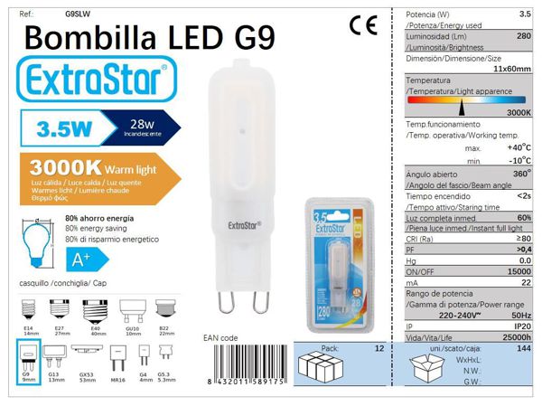 Extrastar 589175 Bombilla LED G9 3.5W 300'3000K Luz Calida