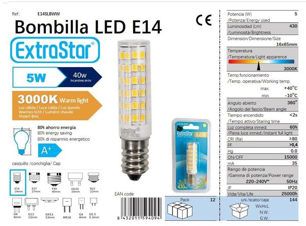 Extrastar 594094 Ae14Slbww Bombilla LED De Pila 360 5W E14