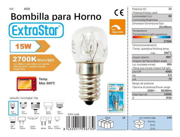 Bombilla Horno E14/15W 2700K T22