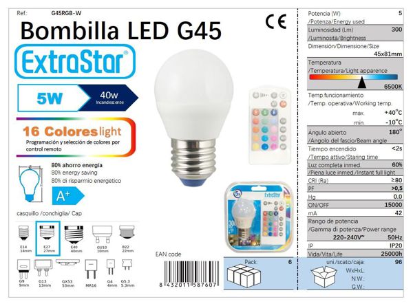 Bombilla Bola G45 RGB Multicolor C/Mando 5W E27 Cj
