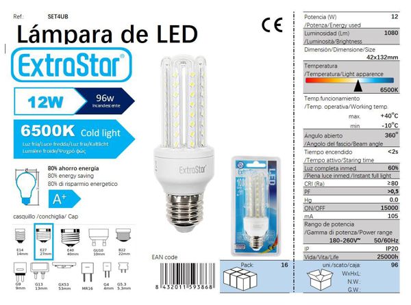 Extrastar Aset4Ub Bombilla LED 4U E27/12W 6500K Luz Dia