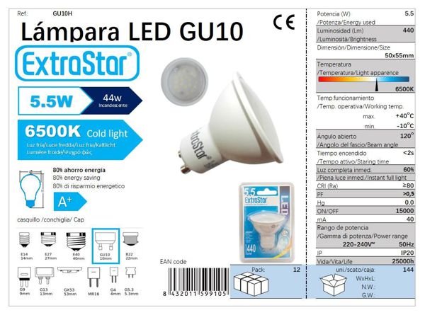 BOMBILLA LED GU10 6w RAYA 480LM 6500K LUZ DIA