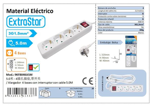 Alargador 4 Base C/Inter 5 Mts 3G1.5mm² Cj20