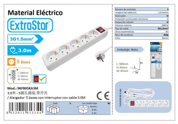 Extrastar Alargador 5 Base C/Inter 3 Mts 3G1.5mm² Cj40