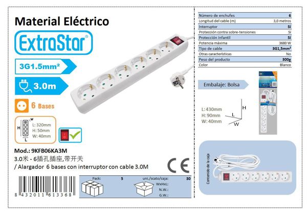 Extrastar Alargador 6 Base C/Intrru 3 Mts 3G1.5mm² Cj30