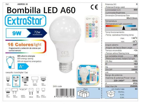 Bombilla Bola RGB Multicolor C/Mando 9W E27 Cj60