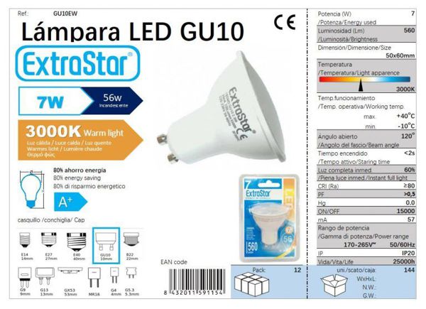 BOMBILLA LED GU10 7w 3000K LUZ CALIDA