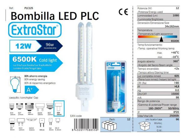 Bombilla Plc Smd 12W 2U 34*162Mm 6400K Luz Dia