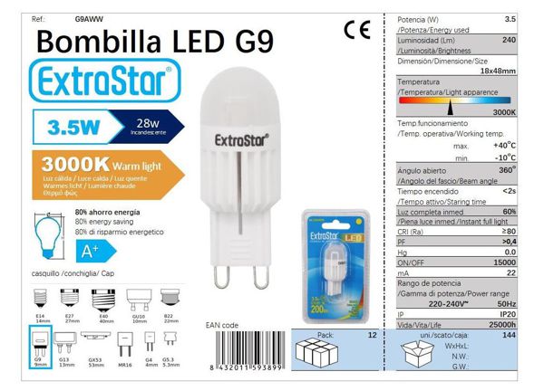 Extrastar Ag9Aww Bombilla LED Petalo G9/3.5W Luz Dia 6400K