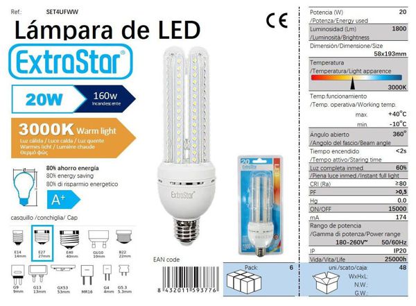 Extrastar Aset4Ufww Bombilla LED 4U E27/20W 6500K Luz Dia