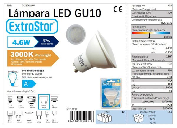 Extrastar 599112 Bombilla LED Gu10 4.6W 300Lm 6500K Luz Calida