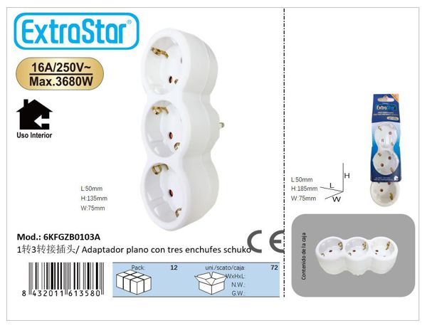 Extrastar 6Kfgzb0103A Ladron Schuko 3 Tomas Vertical Blanco