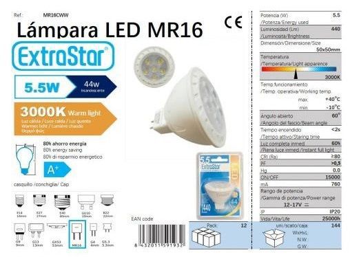 Extrastar Amr16Cww Bombilla LED Mr16 3000K Luz Calida