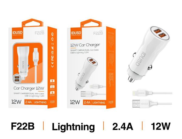 Idusd F22B Cargador Coche 2 USB 2.4A Cable Iphone