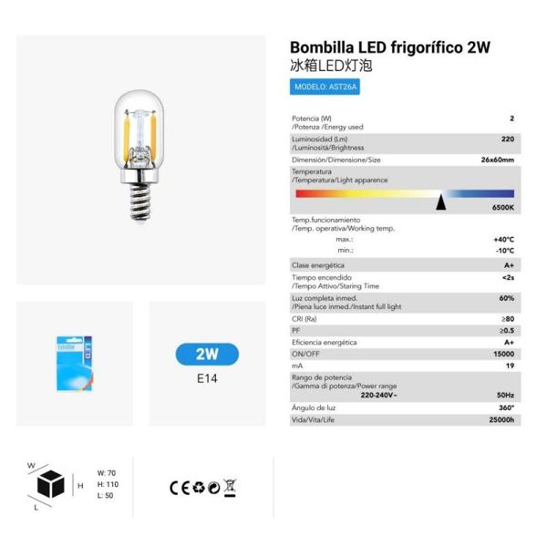 Extrastar At26A Bombilla Frigorifico LED E14/2W 6500K