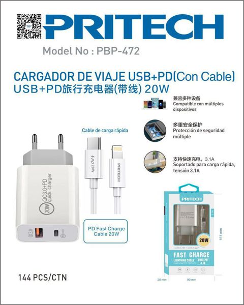 Pritech Cargador Rapido Usbpd Con Cable 20W