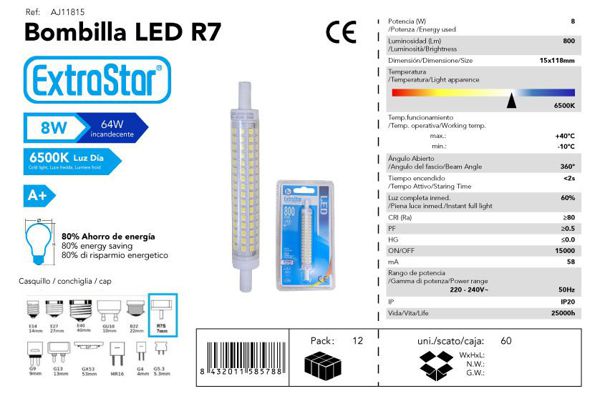 Extrastar Aj11815 Bombilla LED R7S 118Mm 8W 6400K