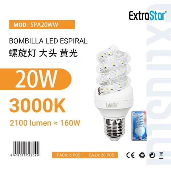 Extrastar Aspa20W Bombilla LED Espiral E27/22W 3000K