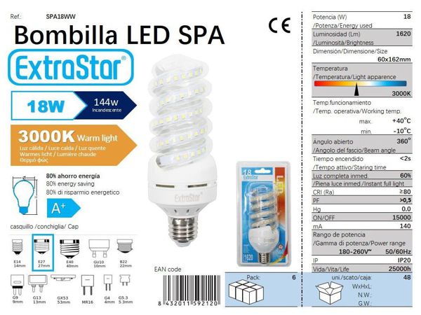 Extrastar Aspa18W Bombilla LED Espilar E27/16W 6500