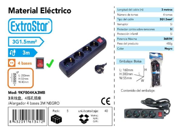Extrastar 9Kfb04Ka3Mb Alargador 4 Base C/Inter 3Mts