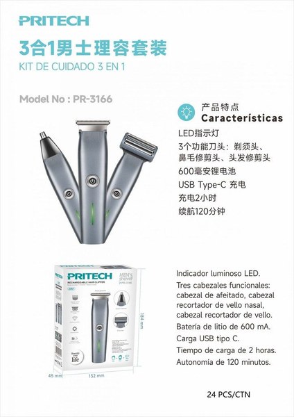 Pritech Pr-3166 Set Afeitadora 3 En 1 3W