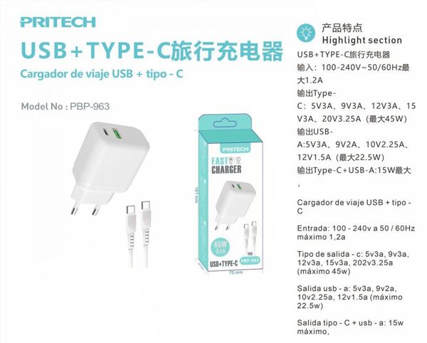 Pritech Pbp-963 Cargador USB+Type-C 45W