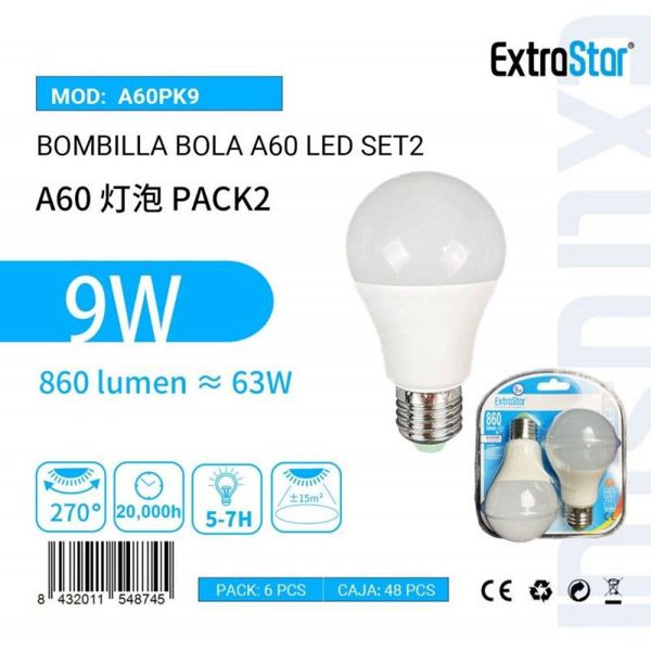 Extrastar A60Pk9 Bombilla LED E27/9W 6500K Luz Dia