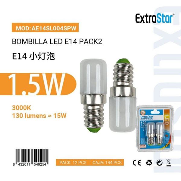 Extrastar Ae14Sl004Spw Bombilla LED E14 Pack2 1.5W 3000K