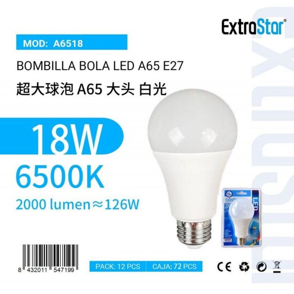 Extrastar A6518 Bombilla Bola LED A65 E27 18W 2000L 6500K