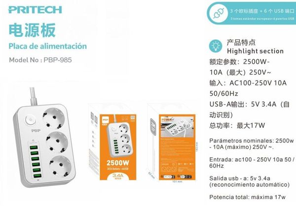 Pritech Pbp-985 Regleta De Enchufes 2500W
