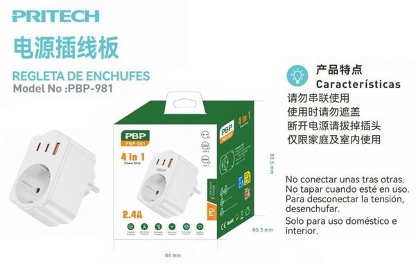 Pritech Pbp-981 Regleta De Enchufes 4 En 1