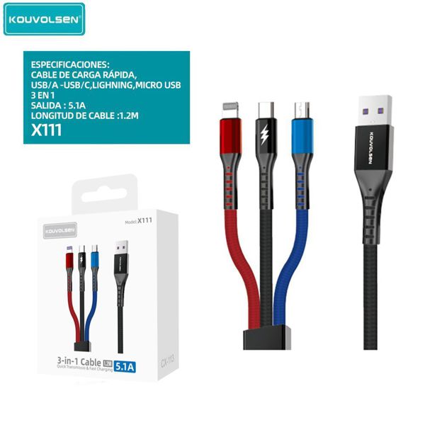 Kouvolsen X111 Cable USB 3En1 5.1A