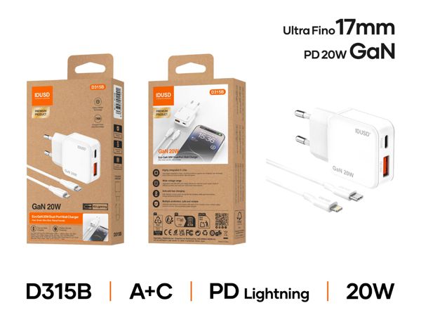 Idusd D315B Cargador Gan Pd20W A+C-Pd Lightning