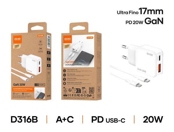 Idusd D316B Cargador Gan Pd20W A+C-Pd USB-C