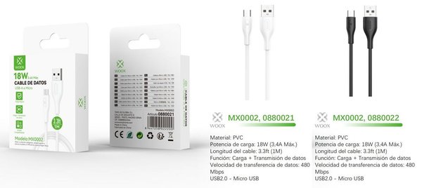 Woox 0880021 0880022 Mx0002 Cable USB A Micro 18W 1M