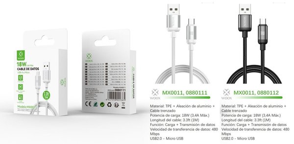 Woox 0880111 0880112 Mx0011 Cable USB A Micro 18W 1M