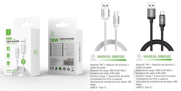 Woox 0880181 0880182 Mx0018 Cable USB A Type-C 30W 3M