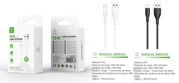 Woox 0880101 0880102 Mx0010 Cable USB A Lightning 15W 3M