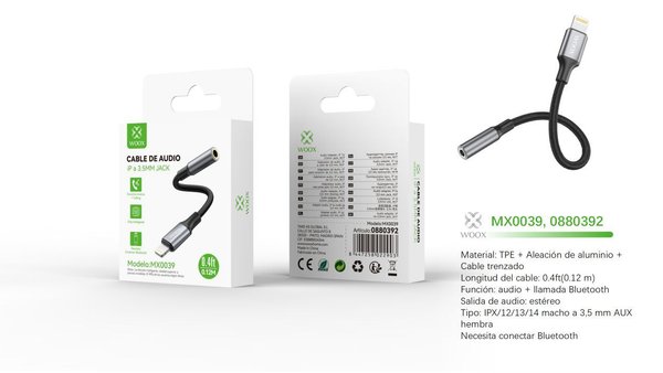 Woox 0880392 Mx0039 Cable Audio BT De 3.5M A Lightning