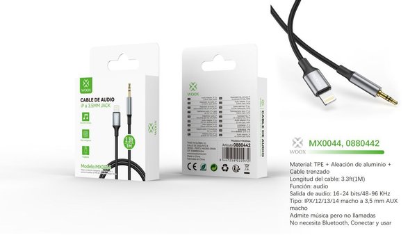 Woox 0880442 Mx0044 Cable Audio 3.5Mm Aux A Lightning 1M