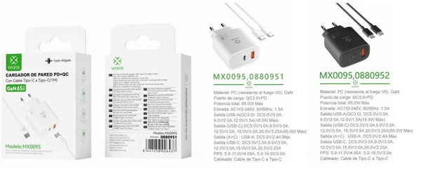 Woox 0880951 0880952 Mx0095 Cargador Qc+Pd Gan Cable C-C 65W