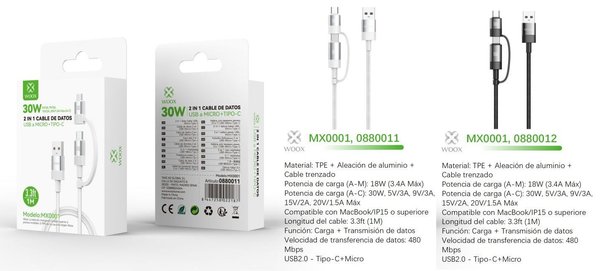 Woox 0880011 Mx0001 Cable 2 En 1 USB A Micro USB+Type-C 1M