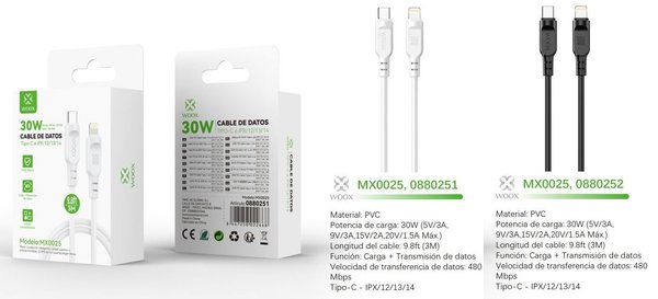 Woox 0880251 Mx0025 Cable Type-C A Lightning 30W 3M