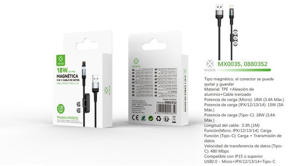 Woox 0880352 Mx0035 Cable Magnetico 3 En 1 Micro+Type-C+IP