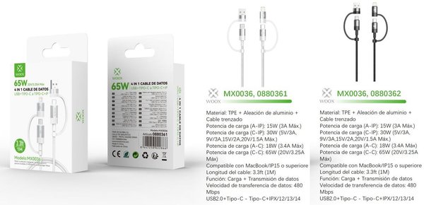 Woox 0880361 Mx0036 Cable 4 En 1 USB+Type-C A Type-C A IP