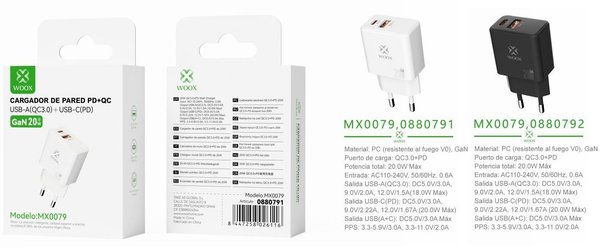 Woox 0880791 Mx0079 Adaptador Ue Qc+Pd Gan 20W