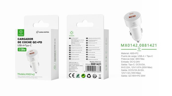 Woox 0881421 Mx0142 Adaptador Coche Pd20W+Qc18W