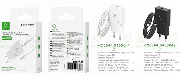 Woox 0880841 0880842 Mx0084 Cargador Gan Pd Unico C-Lightning